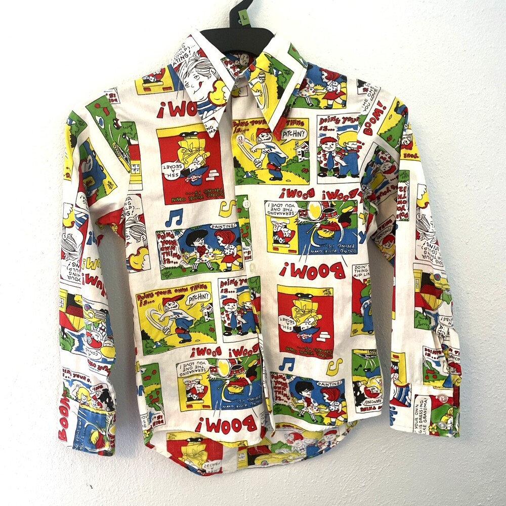 Vintage 70s Nicky Zann Comic Strip Pop Art Novelty Print Shirt (J6)